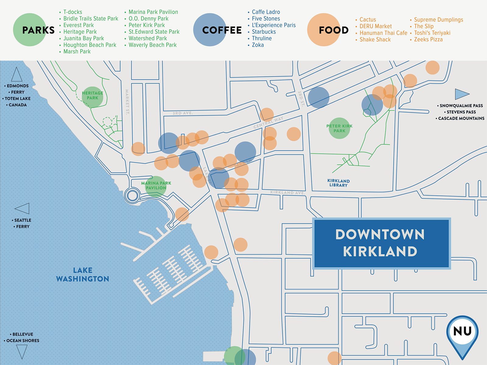 Map of parks, coffee shops, and restaurants in Kirkland, Washington near the Northwest University campus.