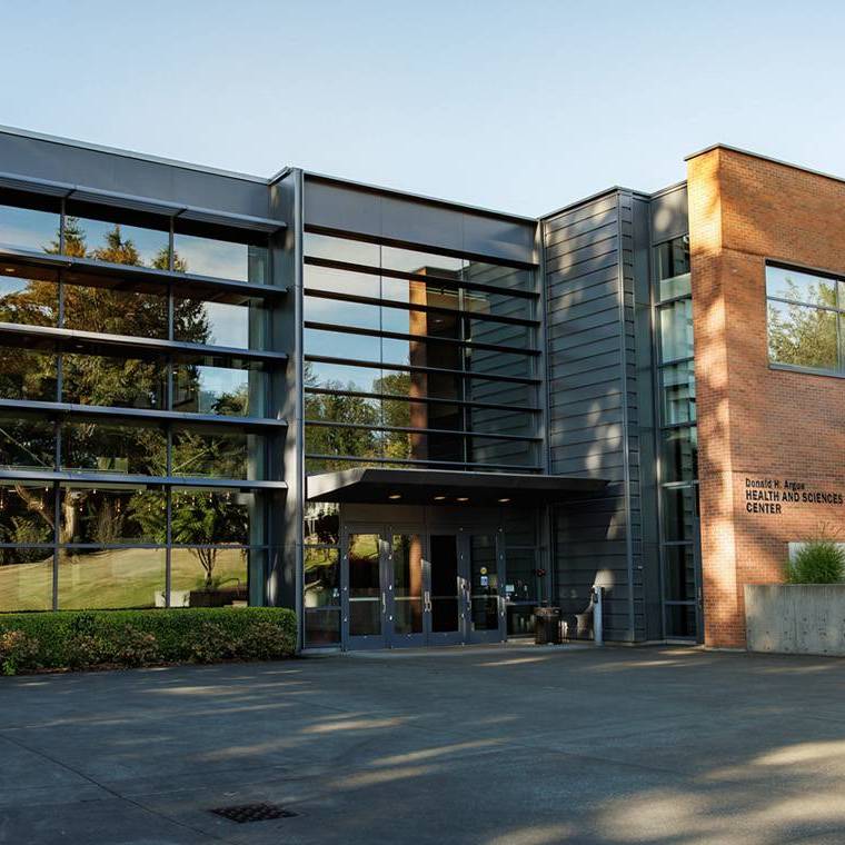 Exterior photo of the Argue Health and Sciences Building on the Northwest University campus.