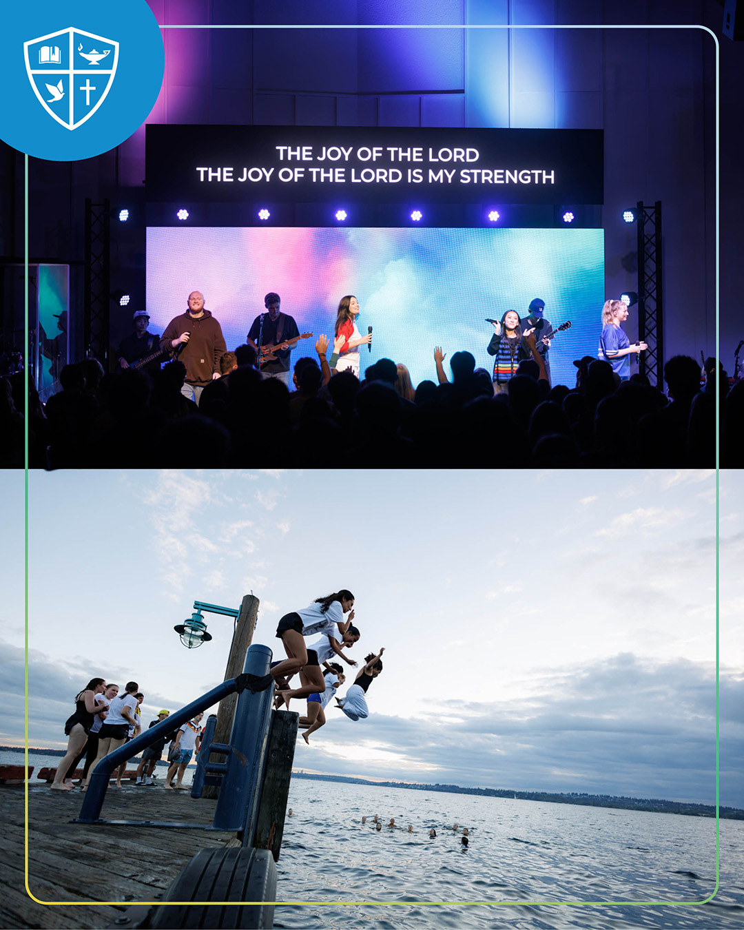 Split photo of a worship service in the Northwest University chapel, and students jumpping into Lake Washington.