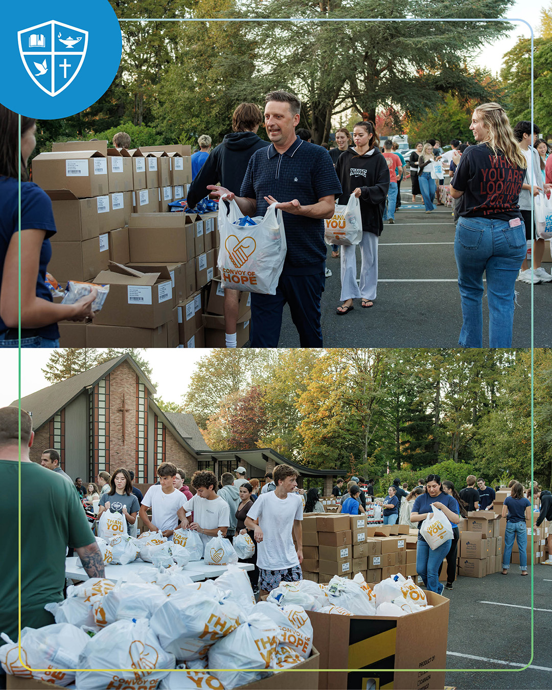 Split photo of President Johnson other students assemblying food packages in the chapel parking lot.