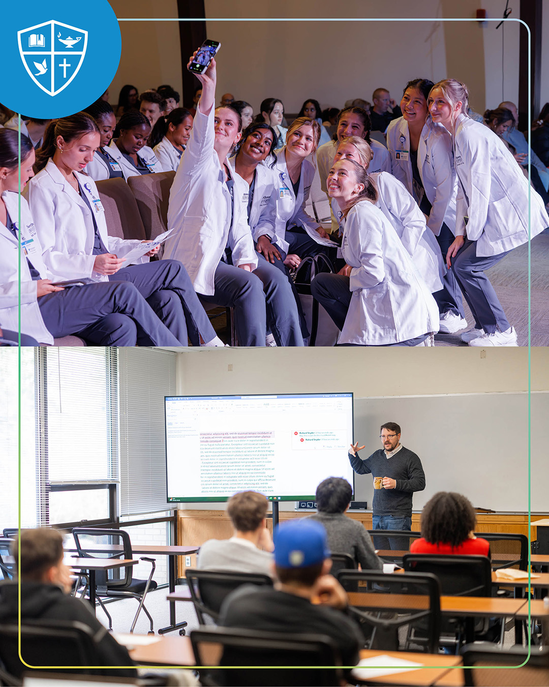 Split photo of nursing students taking a selfie in white lab coats and Dr. Richard Snyder teaching in front of classroom of students.