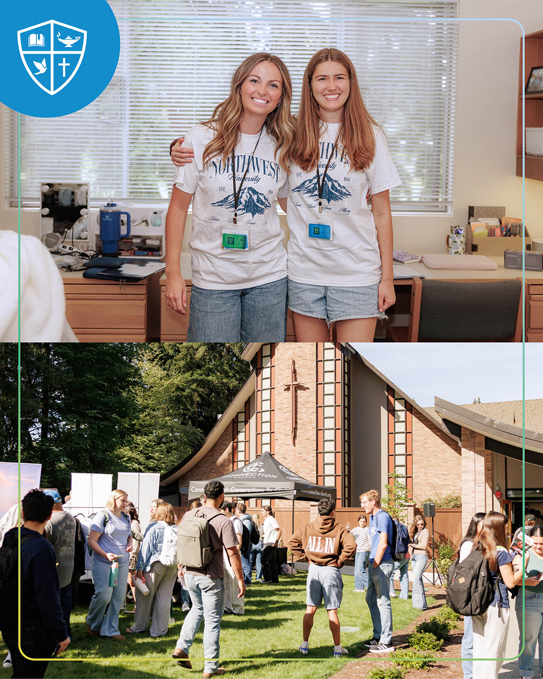 Split photo of two studetns in a dorm room on move in day, and students talking with each other on the lawn in front of the chapel.