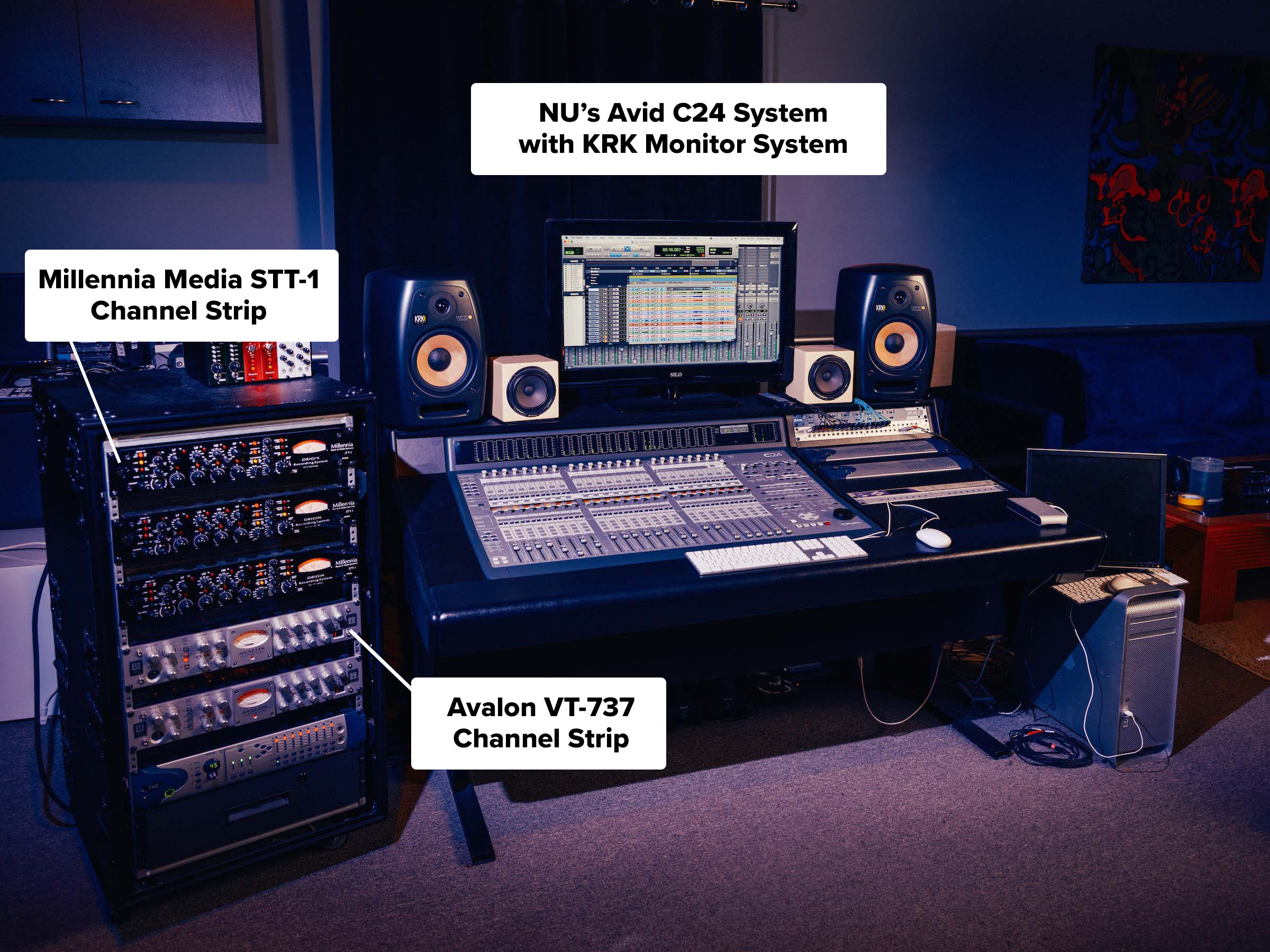 NU's Avid C24 System with KRK Monitor System, Millennia Media STT-1 Channel Strip, and Avalon VT-737 Channel Strip