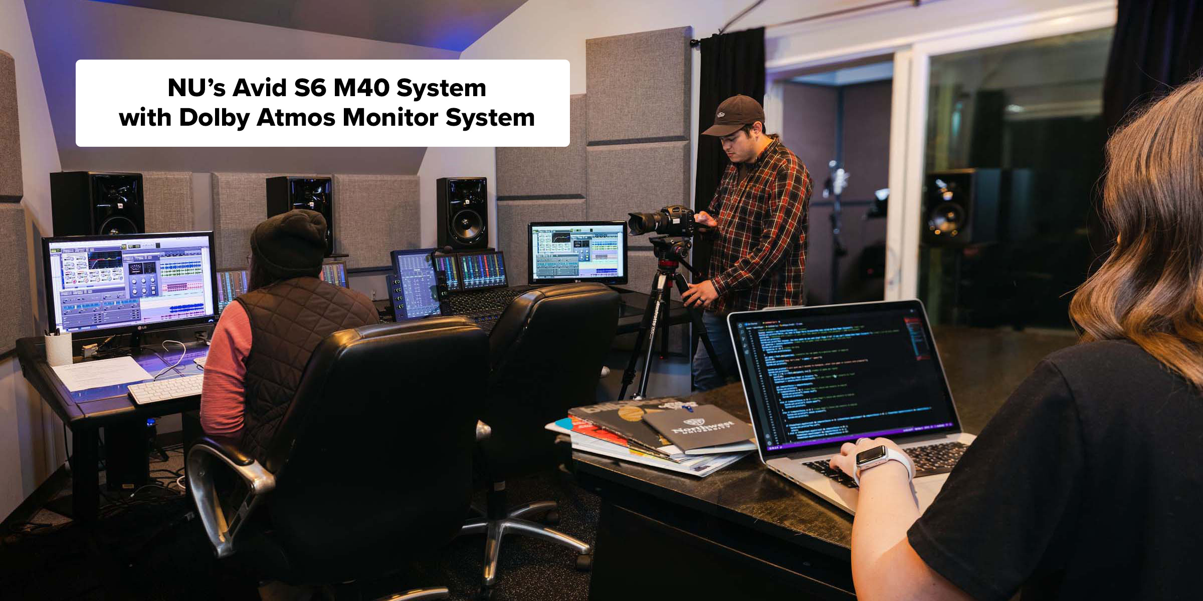 Students in Main Studio with NU's Avid S6 M40 System with Dolby Atmos Monitor System